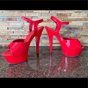 Red Platform Stiletto Heels w/ ankle straps; open toes. Super condition.
